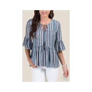 FRANCESCA’S BLUE RAIN Sierra Blue Striped Peplum Blouse Size S